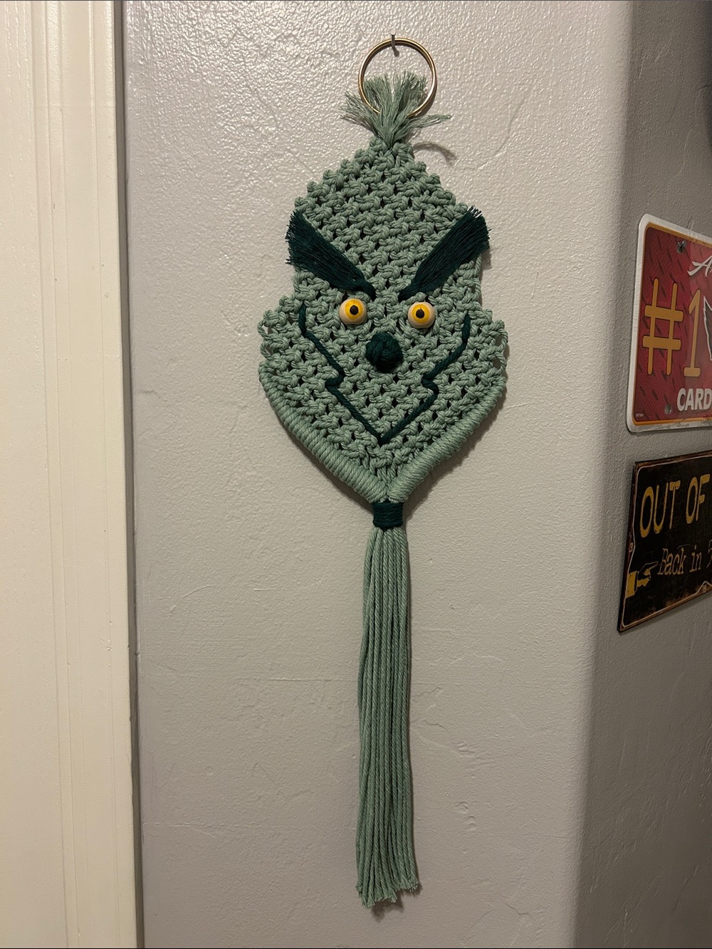 New Handmade Green Macrame Grinch Wall Hanging